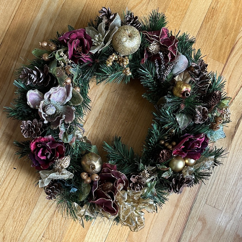 Handcrafted Gold and Wine Red Holiday Wreath